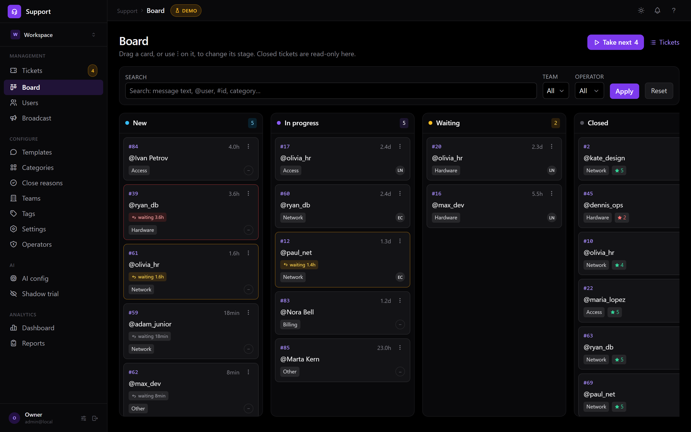 Spooldesk ticket board with new, in-progress, waiting and closed conversations